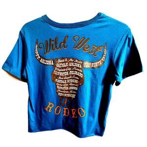 WILD WEST RODEO Blue Crop Teen T-shirt Junior Size S Short Slvs Cotton MODERNLUX